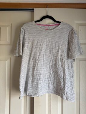 Boden White Tee with Blue Stripes Subtle Puff Sleeve